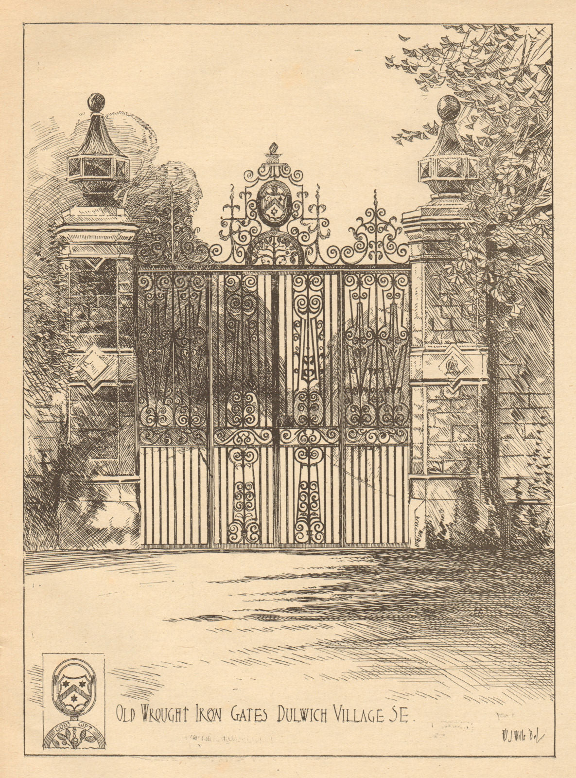 Old wrought iron gates, Dulwich Village SE. London 1905 antique print
